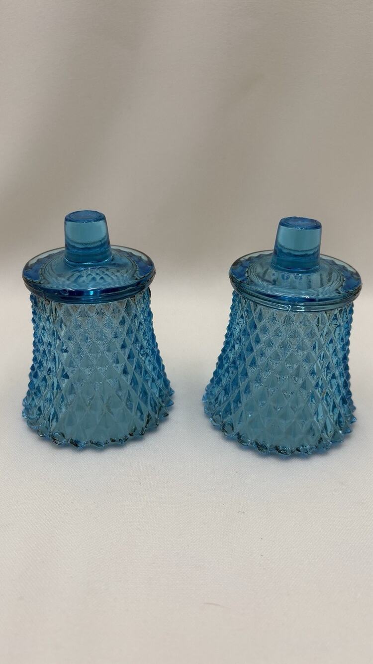 Vintage Set of 2 Light Blue Glass Peg Diamond Cut Votive Cup Candle Holders